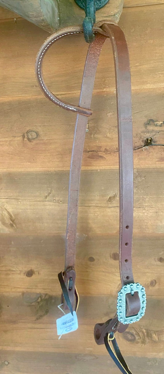 3/4” slip ear with antiqued silver with rosette edge buckle bridle