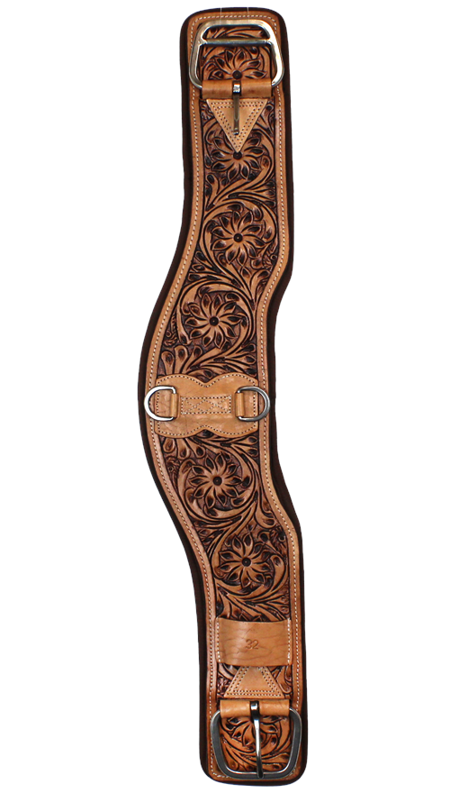 FLORAL TOOLED LEATHER CINCH - NEOPRENE size 32”