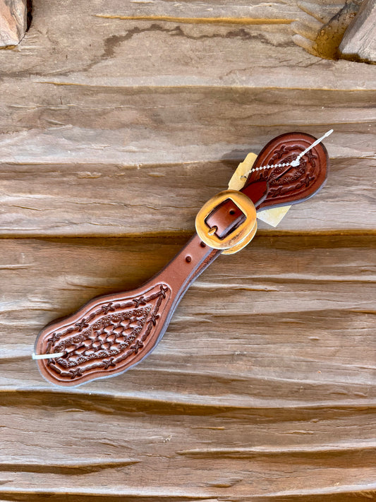 Oiled ladies wide spur strap - basket with BARBWIRE border