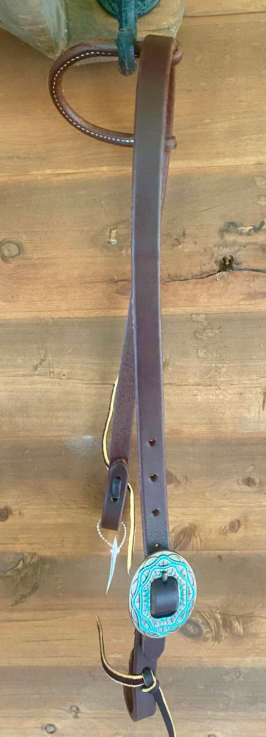 3/4” slip ear with single oval antique copper with turquoise buckle bridle