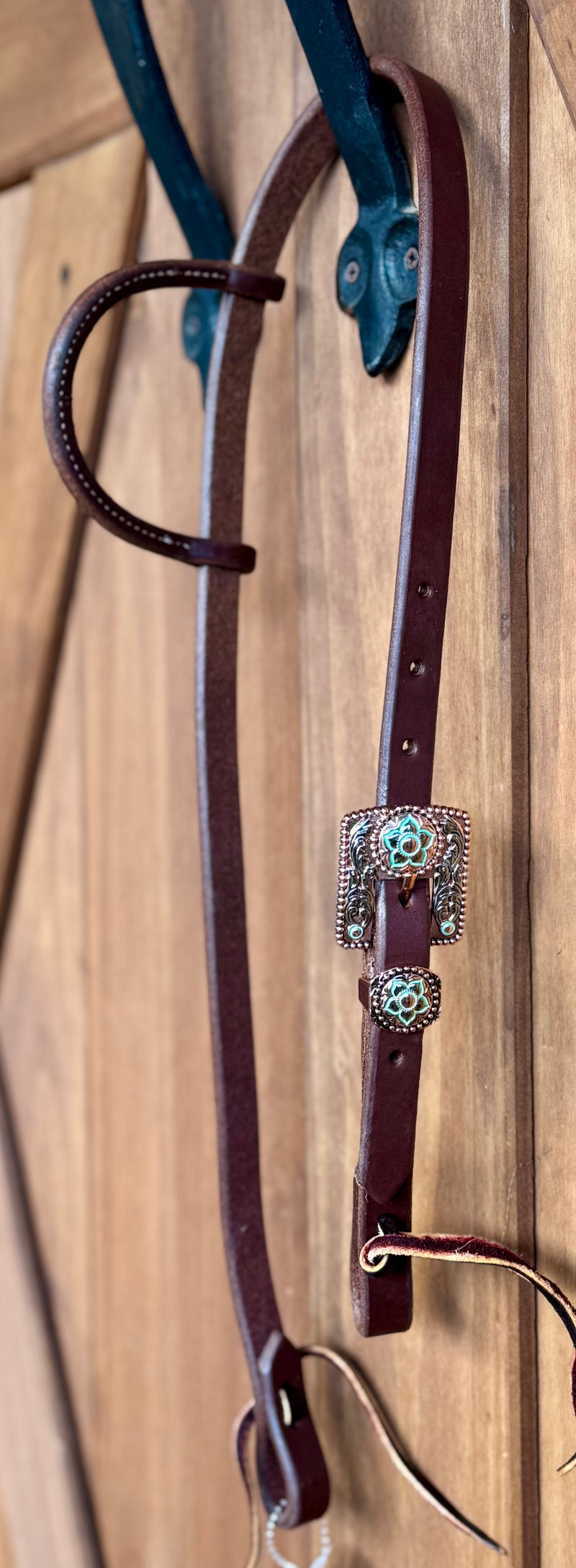 3/4” slip ear bridle with single square copper turquoise flower buckle