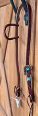 3/4” slip ear bridle with antique copper square buckle and turquoise stone