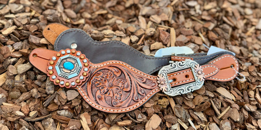 Ladies Spur Straps with Turquoise Stone and Floral