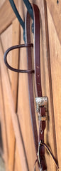 3/4” slip ear bridle with single antique copper buckle with floral scroll