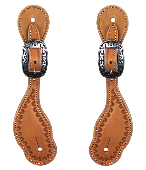 LADIES NATURAL LEATHER SPUR STRAPS - SHELL BORDER (JW BUCKLES)