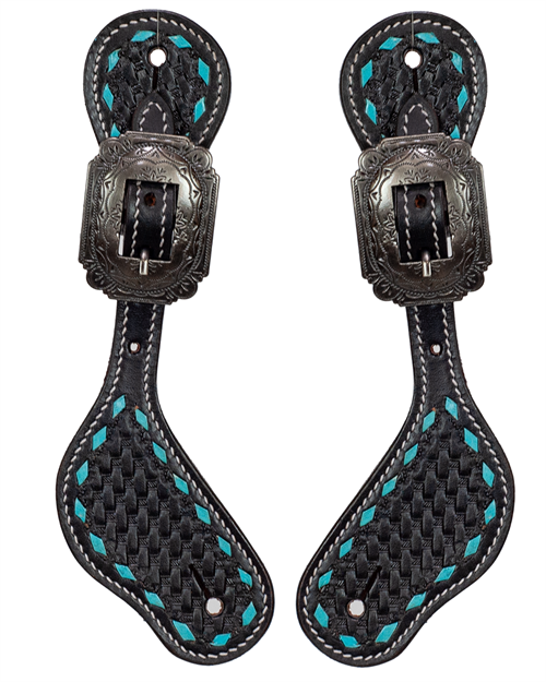 LADIES TURQUOISE BUCK STITCH SPUR STRAPS - ENGRAVED BUCKLES