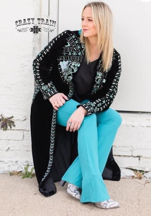 Crazy Train Turquoise Stretch Flare Pants