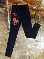 Black Skinny Leg Jeans with Red Embroidered Rose