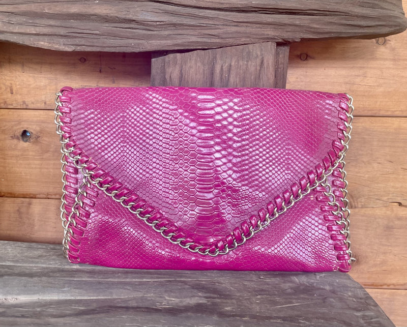 Vintage Hot Pink Clutch with Chain and Buck Stitch Details
