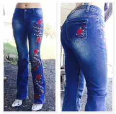 L&B Boot Cut Jeans With Red Rose Floral Embroidery