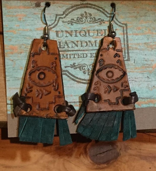 Stamped Earrings with Green Tassels