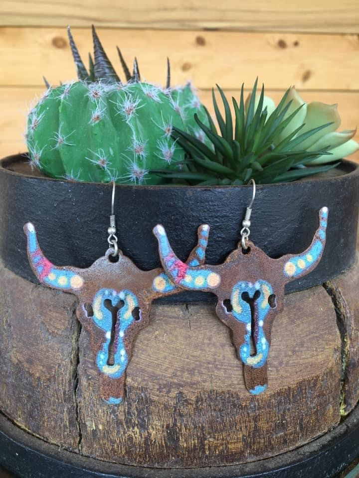 Hand Painted Bull Skull Earrings