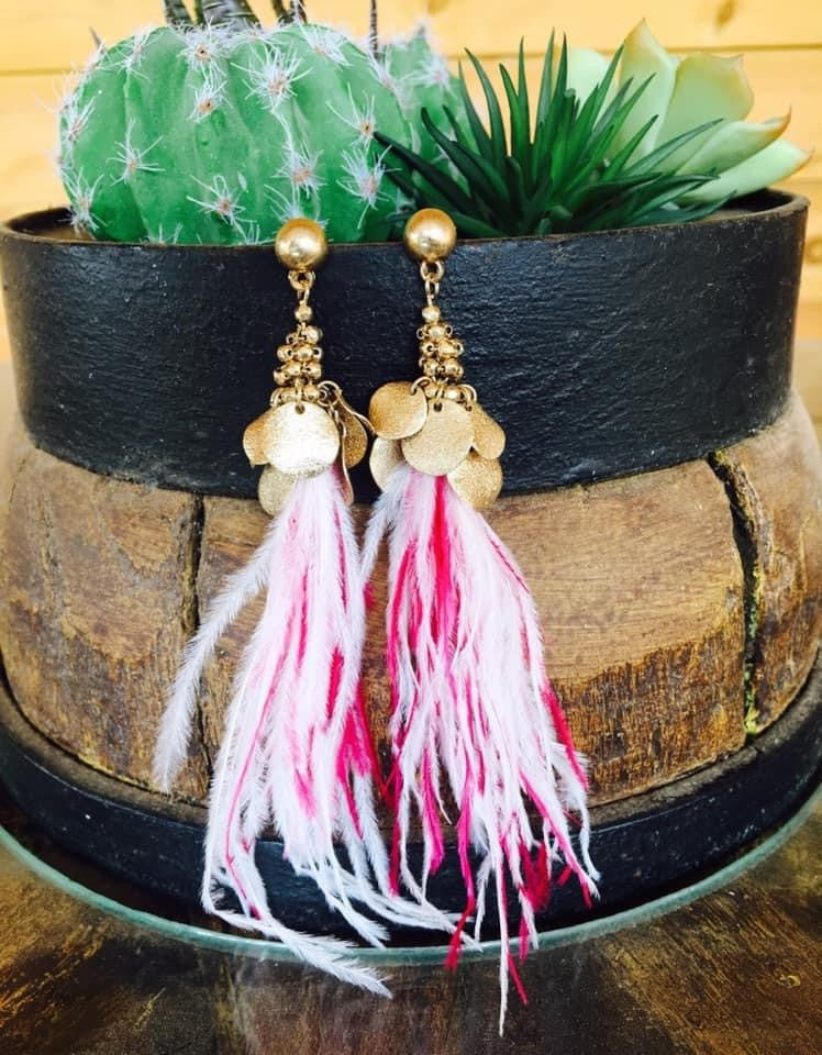 Hot Pink and White Feather Earrings