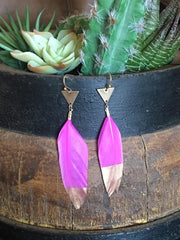 Hot Pink and Gold Feather Earrings