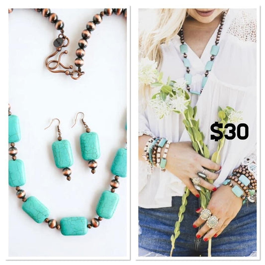 Copper and Faux Turquoise Necklace and Earrings